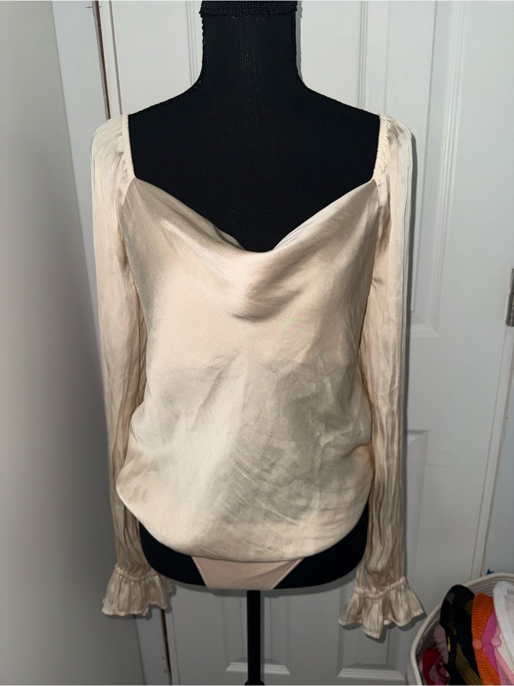 PAIGE Cream Satin Cowl Neck Long Sleeve Bodysuit